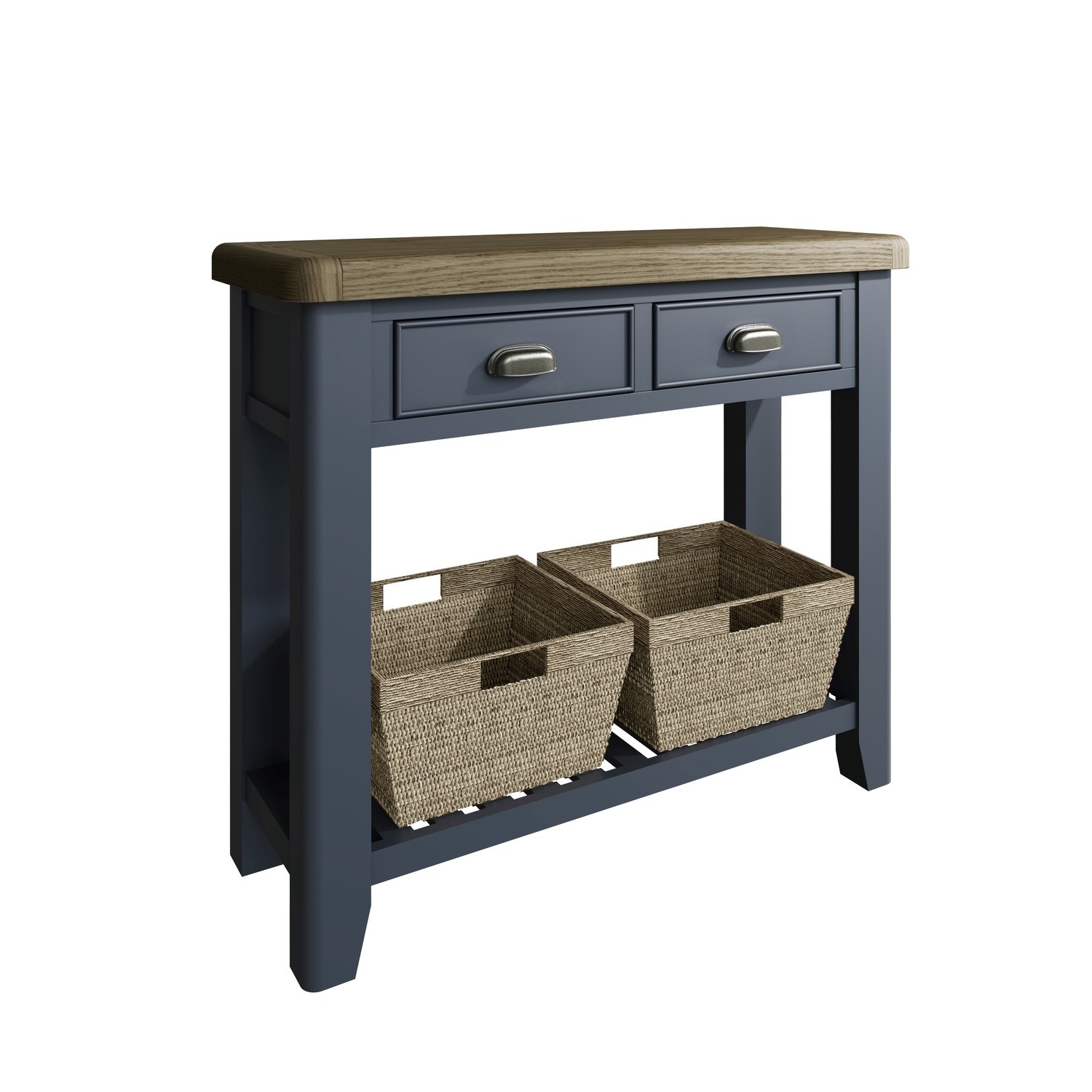 Read more about Oak & blue console table with wicker baskets